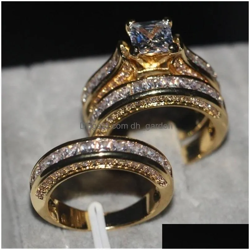 Cluster Rings Shining Zircon Square Cut Crystal Wedding Ring Set For Women Men Champagne Fashion Stackable Slive Gold Engag Dhgarden Dhapn