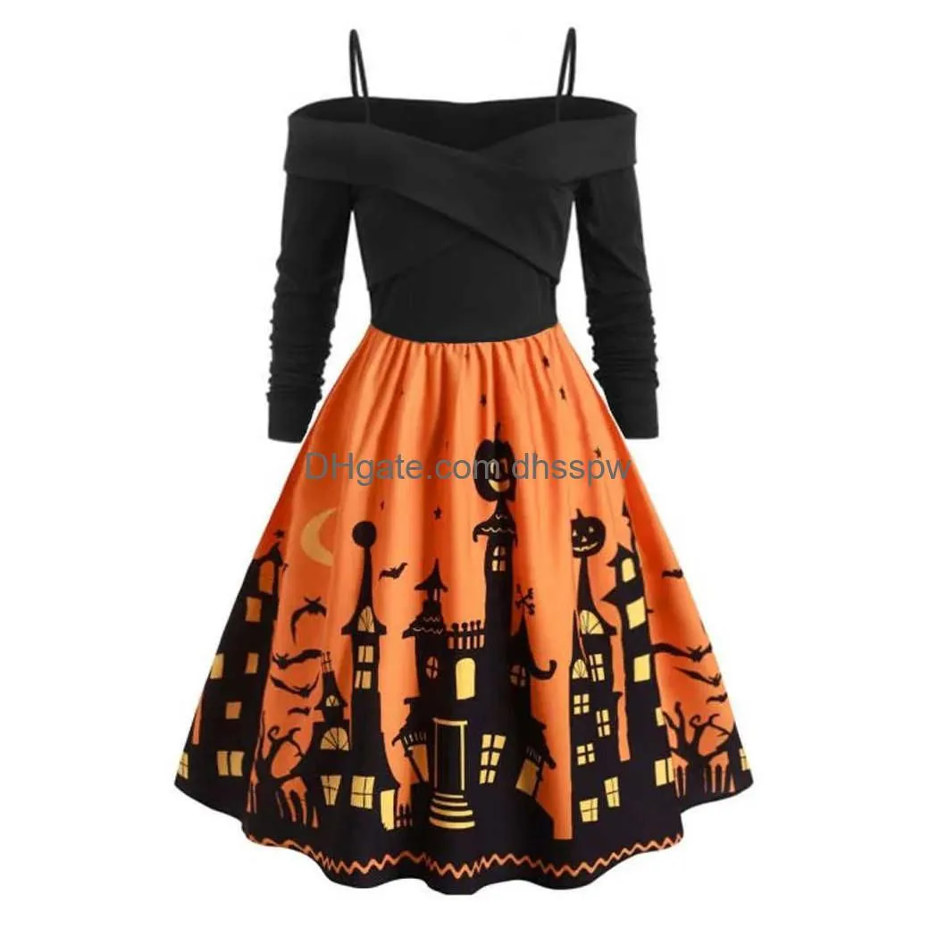 women pumpkin party print dress halloween long sleeve v neck vintage casual plus size dresses vestido corto mujer fd y0903