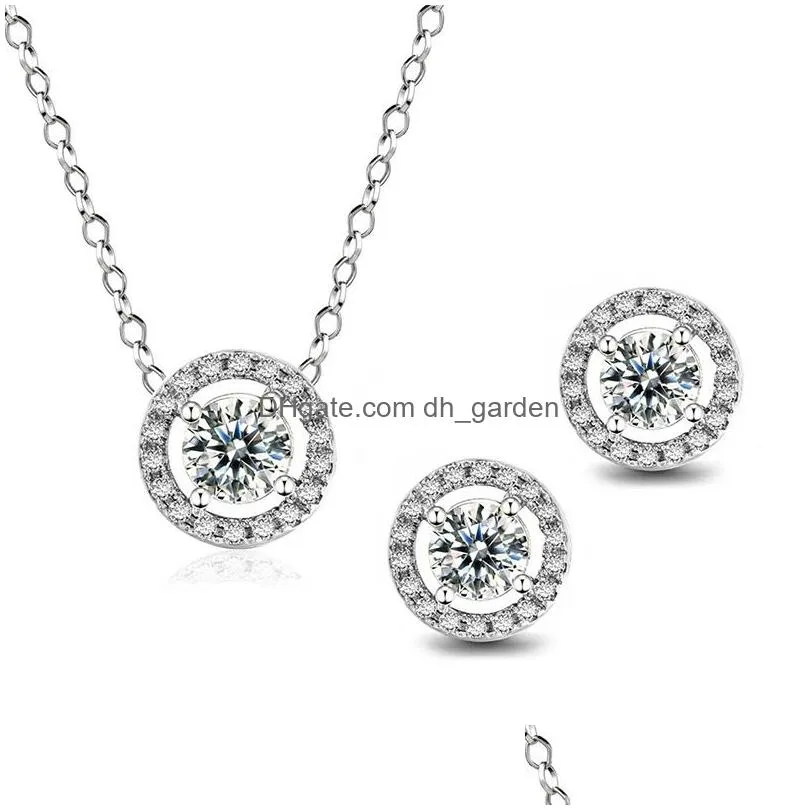 Pendant Necklaces Newest Zircon Round Rose Gold Sier Charm Necklace Bracelet Earring Jewelry Set For Wedding Women Girls Nat Dhgarden Dhbjz