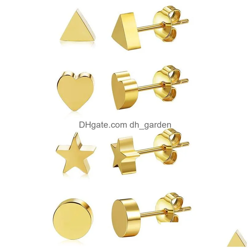 Stud New Personalized Lovely Stainless Steel Geometric Earring Heart Triangle Round Star Stud Earrings For Women Gold Plated Cute Tin Dhnye
