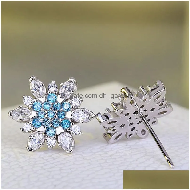 Stud Rose Gold Sier Color Romantic Snowflake Flower Blue Crystals Clear Cz Stud Earrings For Women Boho Wedding Jewelry Exq Dhgarden Dhtpj