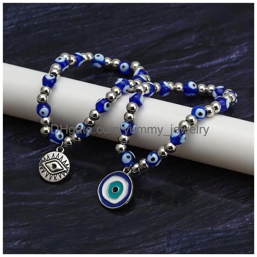 Beaded Blue Evil Eyes Beaded Strands Charm Bracelets Fashion Stretch Sier Bead Bracelet Bangles Lucky Turkish Pendant Jewelry Accesso Dhigx