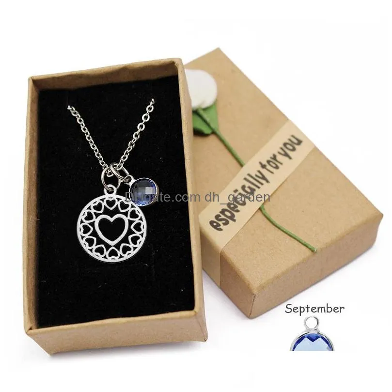 Pendant Necklaces High Quality Stainless Steel Round Heart Shape Pendant Necklace For Women Colorf Crystal Birthstone Charm Dhgarden Dhweh