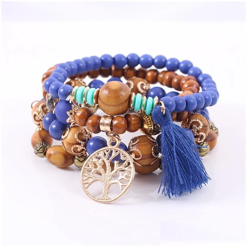 Beaded New Tree Life Charm Bracelet Wooden Bead Chain Bracelets For Women Men Handmade Fashion Rose Flower Alloy Strands Man Bohemian Dh3Y4