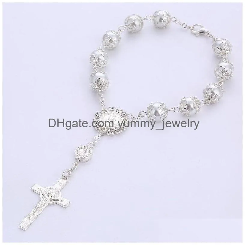 Charm Bracelets Cross Rosary Bracelet Relius Jewelry Women Men Fashion Sier Gold Beads Glass Pearl Jesus Christian Charm Bracelets Wi Dhesn