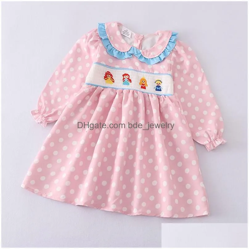 family matching outfits girls fall winter embroidered polka dots sibling pink smocked dress set romper 230322