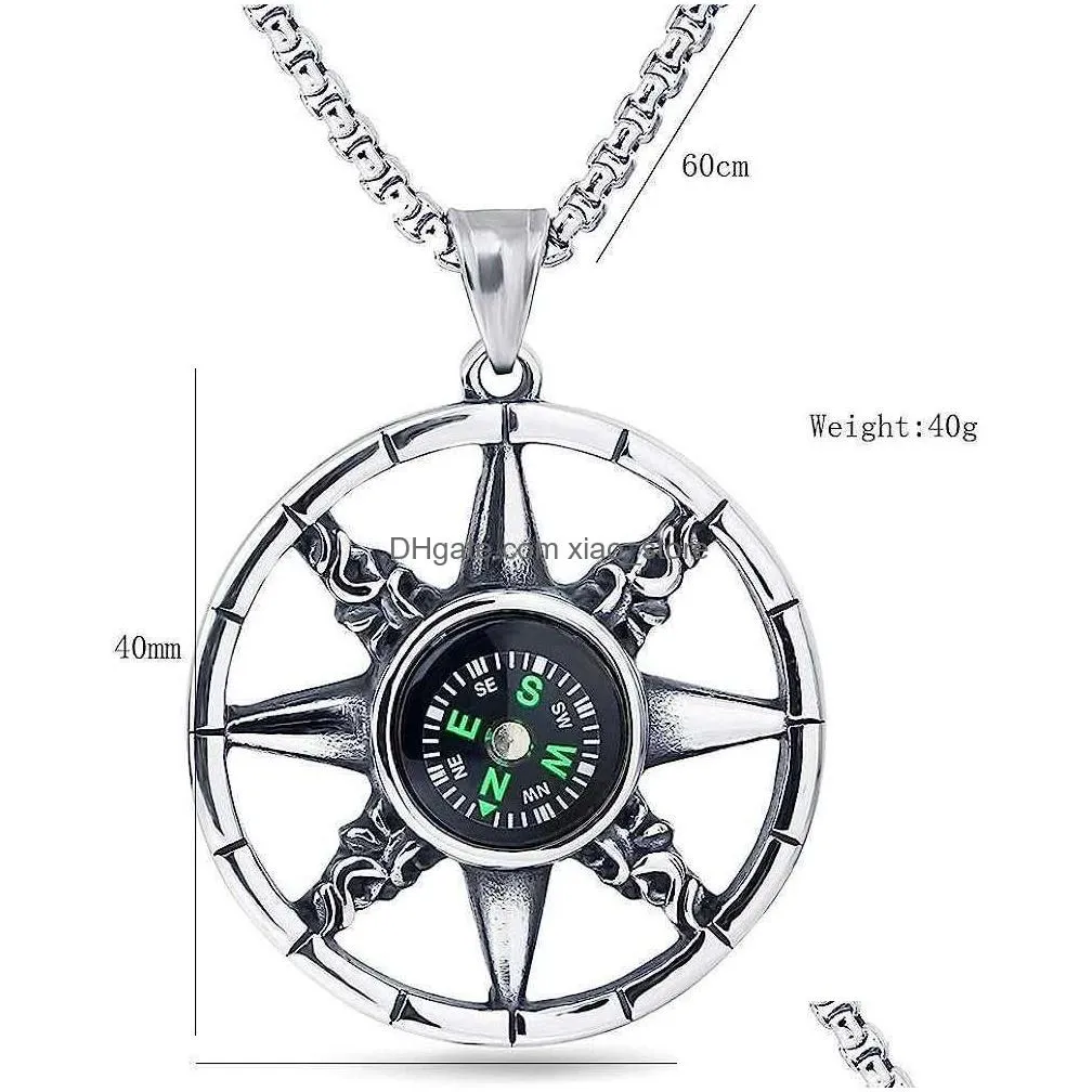 flash compass rainbow pendant necklace chain for men antique silver color stainless steel jewelry hip hop punk rock jewelry accessories