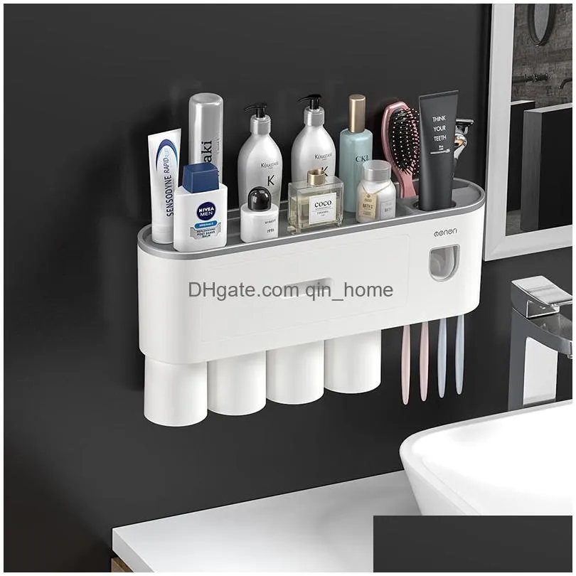 bath accessory set 2023 bathroom accessories sets magnetic toothbrush holder automatic toothpaste dispenser strong adsorption cup