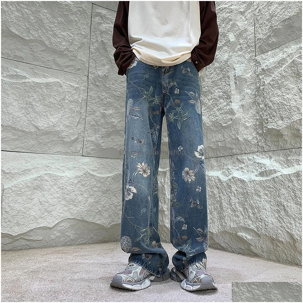 mens jeans mens fashion printed jeans autumn floral denim mopping trousers korean style high street loose hip hop wide-leg jean pants