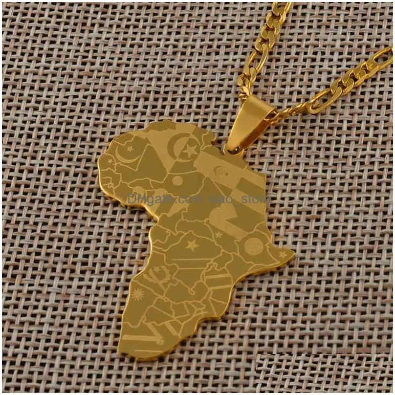 anniyo africa map with flag pendant chain necklaces stainless steel gold silver color anti-allergy african maps charm jewelry gift for men women