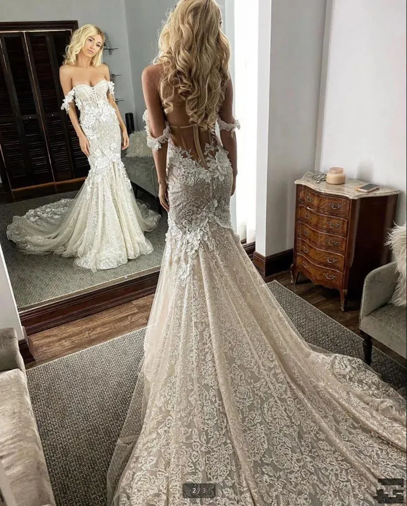 sexy berta off shoulder mermaid wedding dresses lace 3d applique sweep train backless custom made bridal gowns robe de marie