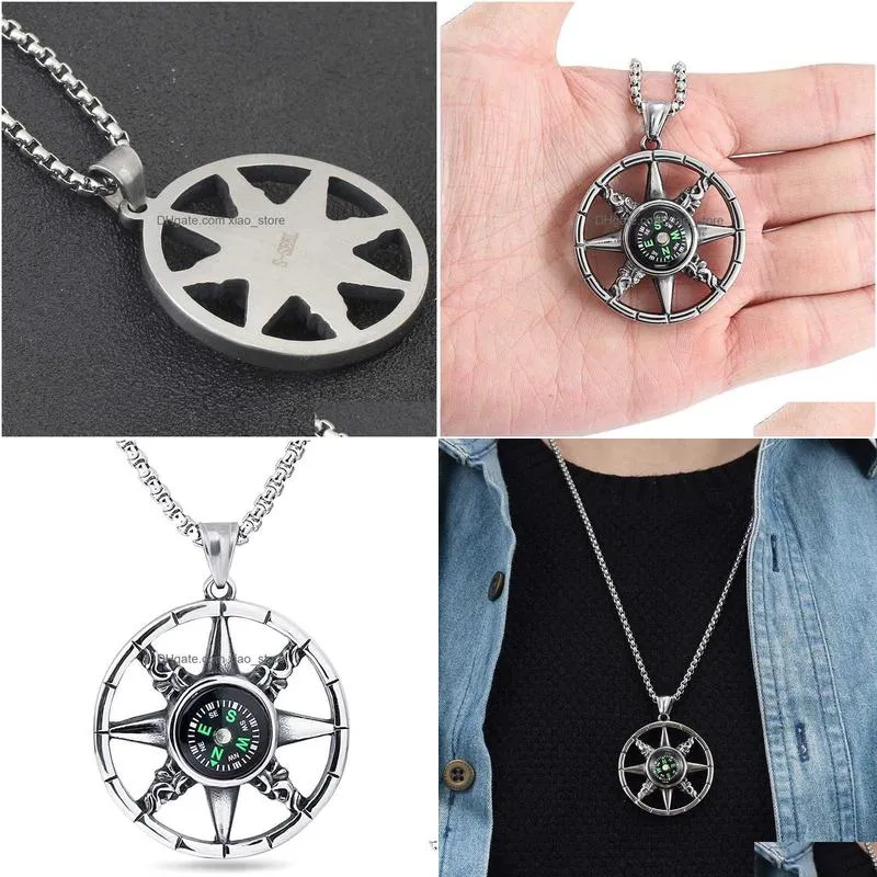 flash compass rainbow pendant necklace chain for men antique silver color stainless steel jewelry hip hop punk rock jewelry accessories