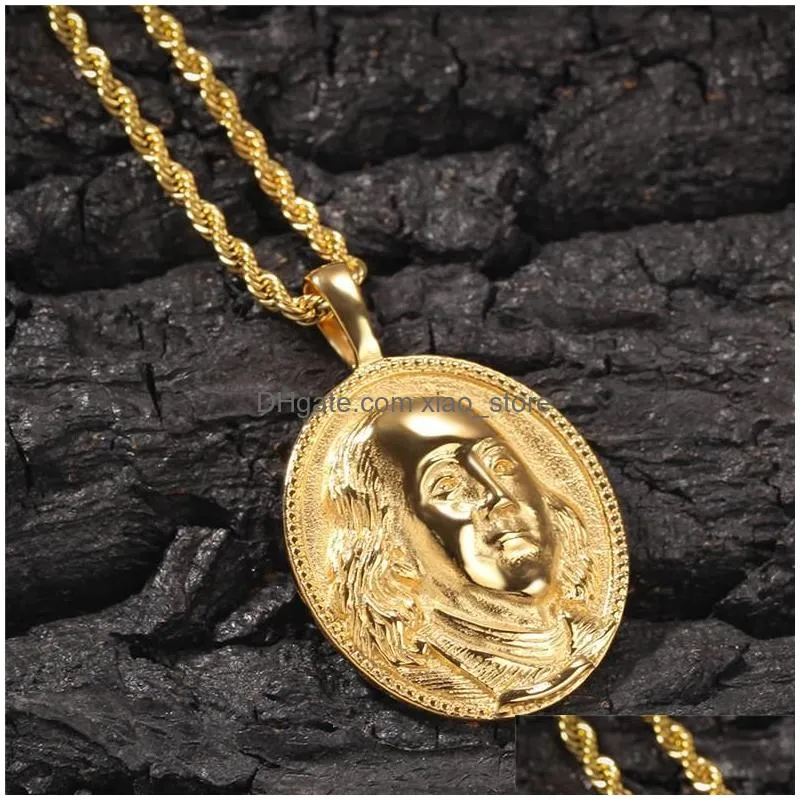  fashion gold plated stainless steel franklin portrait oval pendant mens necklace masculina bijoux hip hop rapper jewelry gifts for