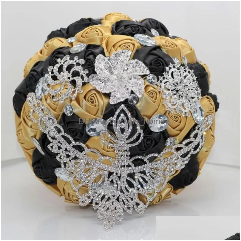 decorative flowers wreaths luxury diameter 15/18/21/24cm wedding bouquet bridal bridesmaid bouquets black gold ribbon rose brooches