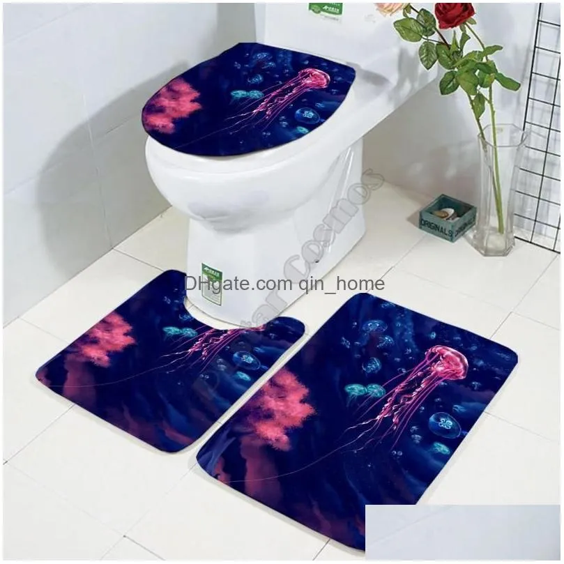 toilet seat covers funny jellyfish three-piece set 3d printed bathroom pedestal rug lid cover bath mat 02