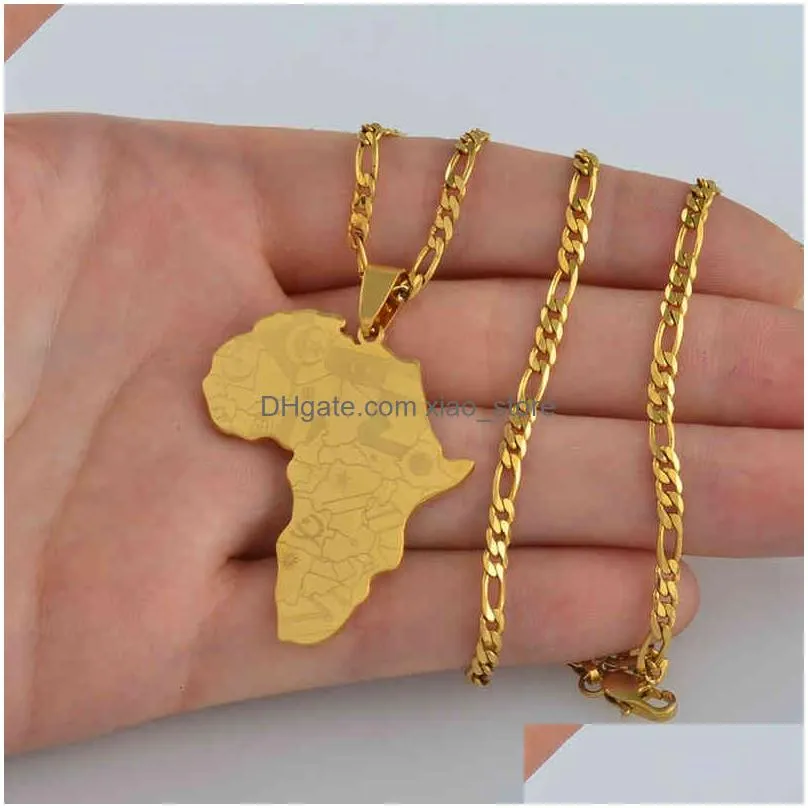anniyo africa map with flag pendant chain necklaces stainless steel gold silver color anti-allergy african maps charm jewelry gift for men women