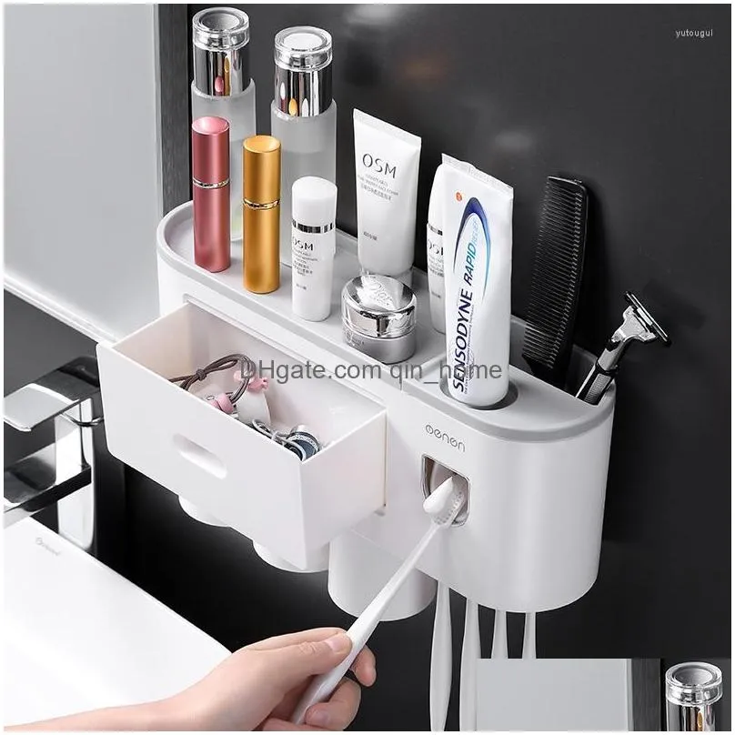 bath accessory set 2023 bathroom accessories sets magnetic toothbrush holder automatic toothpaste dispenser strong adsorption cup