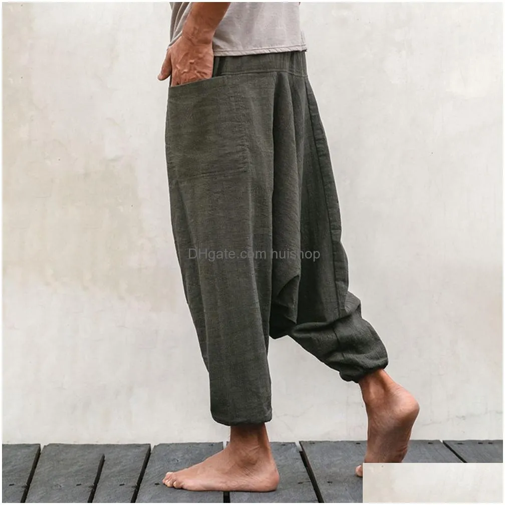 mens pants cotton and linen casual solid color bloomers mens hip-hop street nine-point sports pants retro fashion simple loose yoga pants