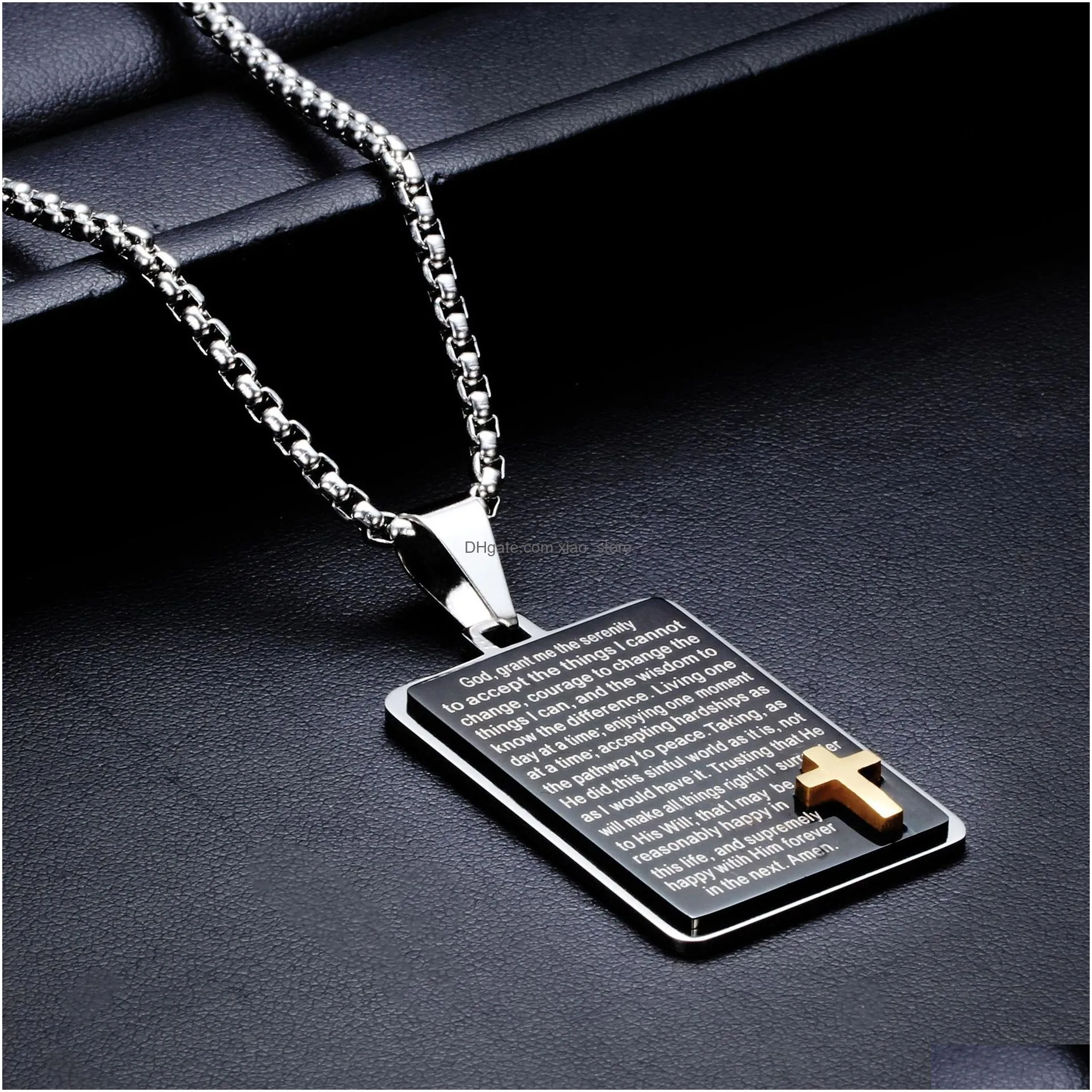  christian jesus cross vintage smear religious texts stainless steel black rectangle pendant necklace gifts for men and women