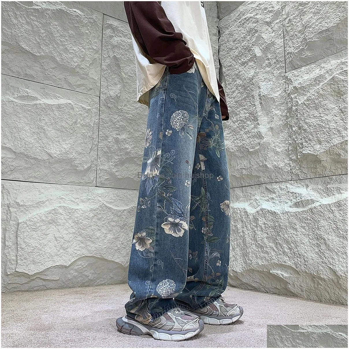 mens jeans mens fashion printed jeans autumn floral denim mopping trousers korean style high street loose hip hop wide-leg jean pants