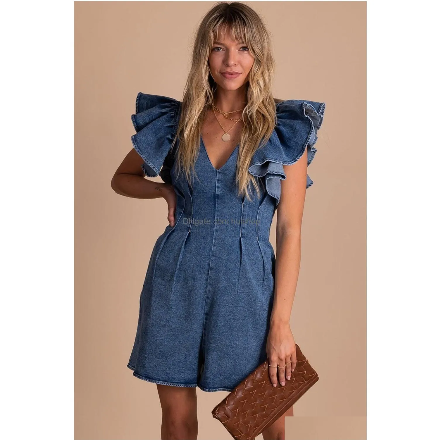 blue ruffle pleated denim romper woman with pockets