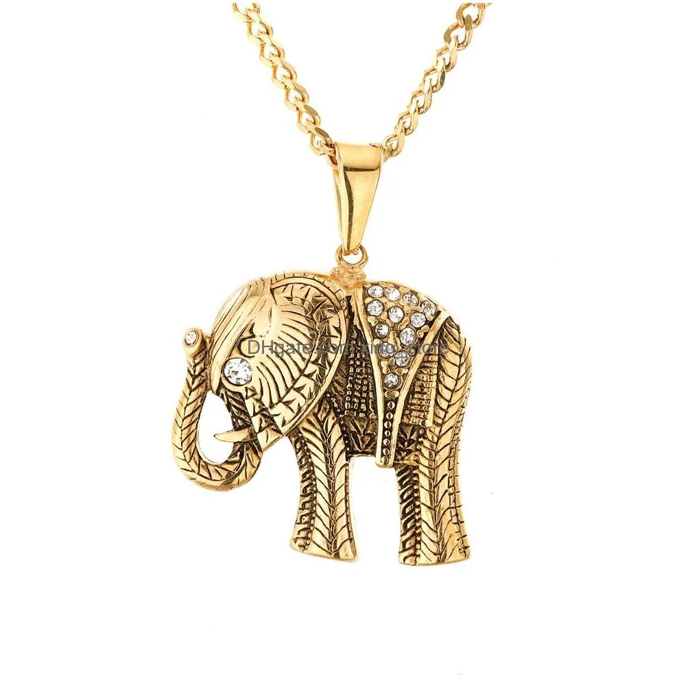  hip hop antique brass antique silver bling diamond elephant pendant necklace stainless steel rapper jewelry gifts for men and women