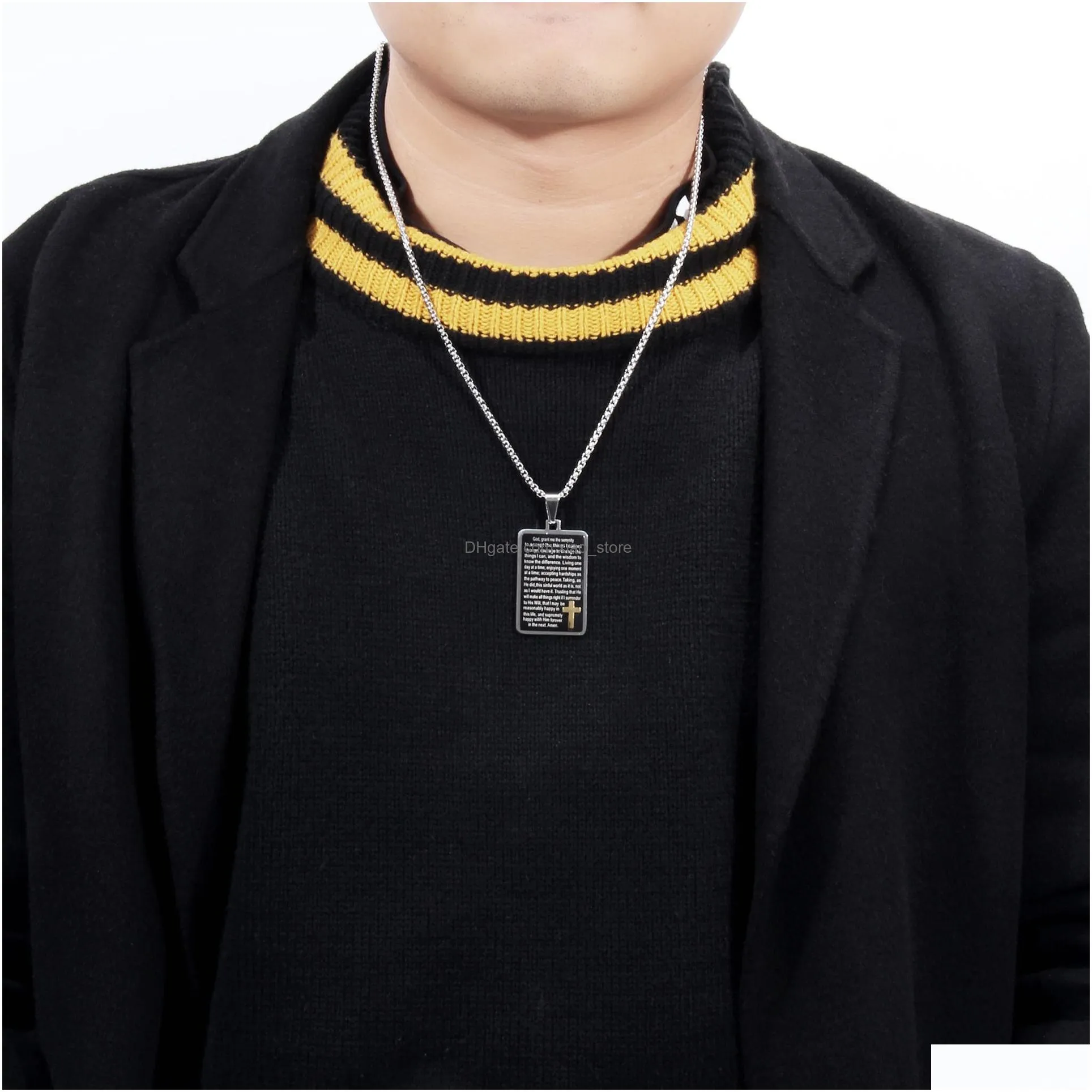  christian jesus cross vintage smear religious texts stainless steel black rectangle pendant necklace gifts for men and women