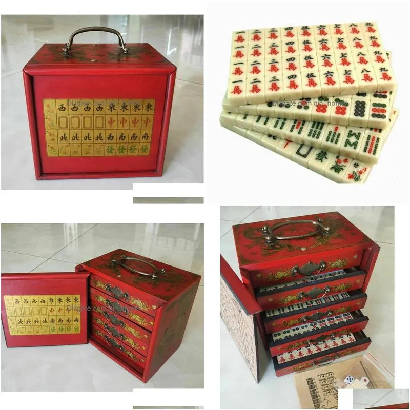 decorative objects figurines portable retro mahjong 144 tiles game mah-jong set in wood 5 drawer draw box 230804