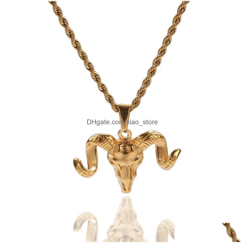  fashion personalized gold plated stainless steel vintage goat head skull pendant mens chain necklace hip hop punk rapper jewelry for