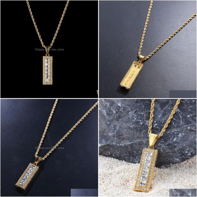 gold rectangle stick pendant necklace hip hop bling full diamond square rectangle charm twist chain rhinestone jewelry gifts for men and women