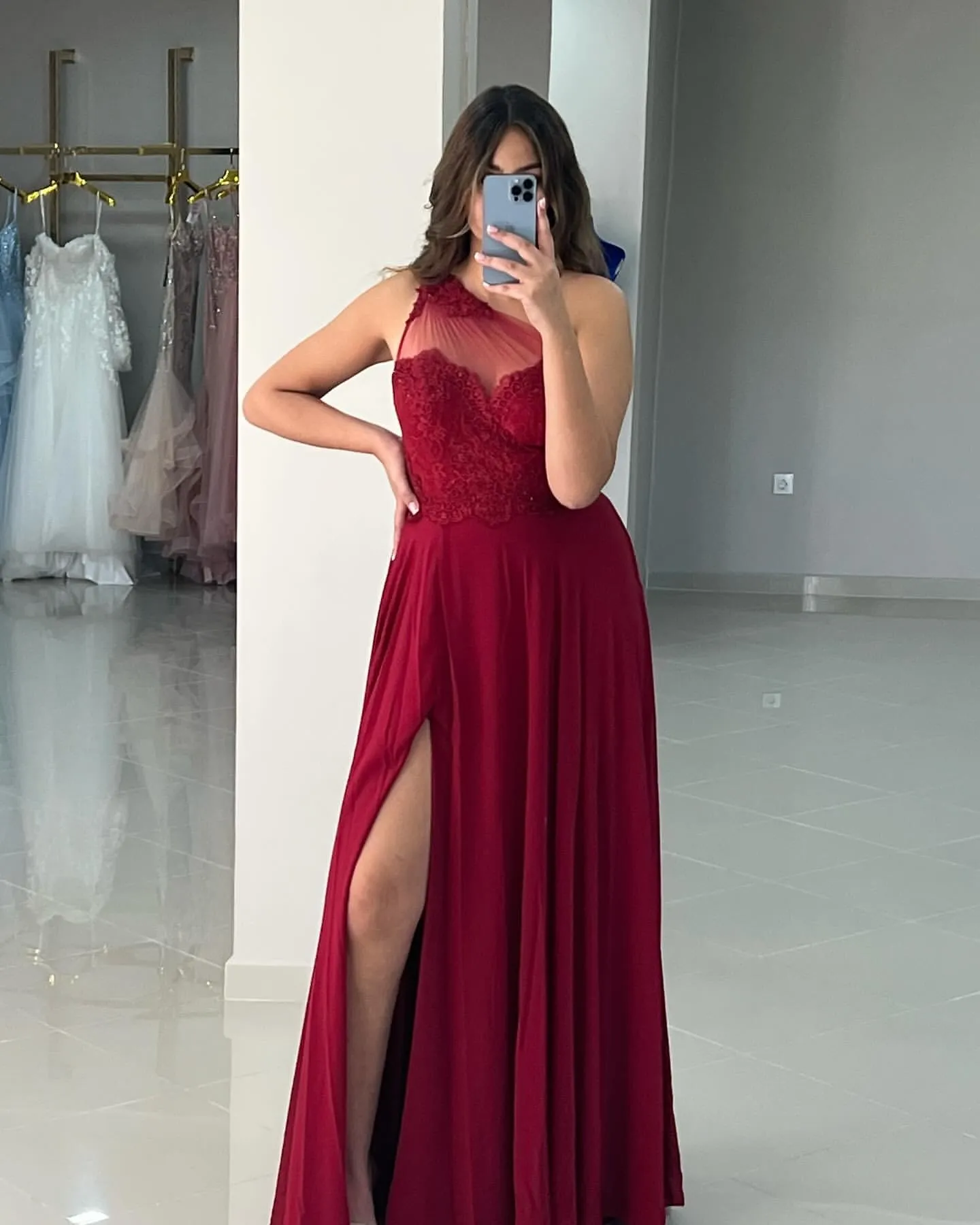 2024 Aso Ebi Burgundy A-line Prom Dress Chiffon Lace Evening Formal Party Second Reception 50th Birthday Engagement Gowns Dresses Robe De Soiree ZJ76