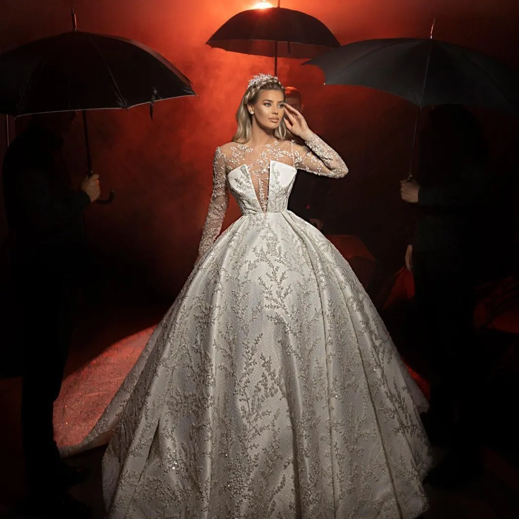 Romantic Ball Gown Wedding Dresses Jewel 3D-Floral Appliques Design Pleats Sweep Train Backless Lace Up Bridal Gown Custom Made Plus Size Vestidos De Novia