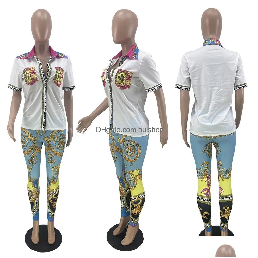 womens two piece pants casual lapel neck shirt top and leggings set female outfits ship