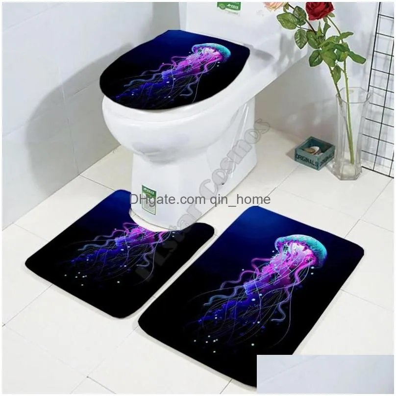 toilet seat covers funny jellyfish three-piece set 3d printed bathroom pedestal rug lid cover bath mat 02