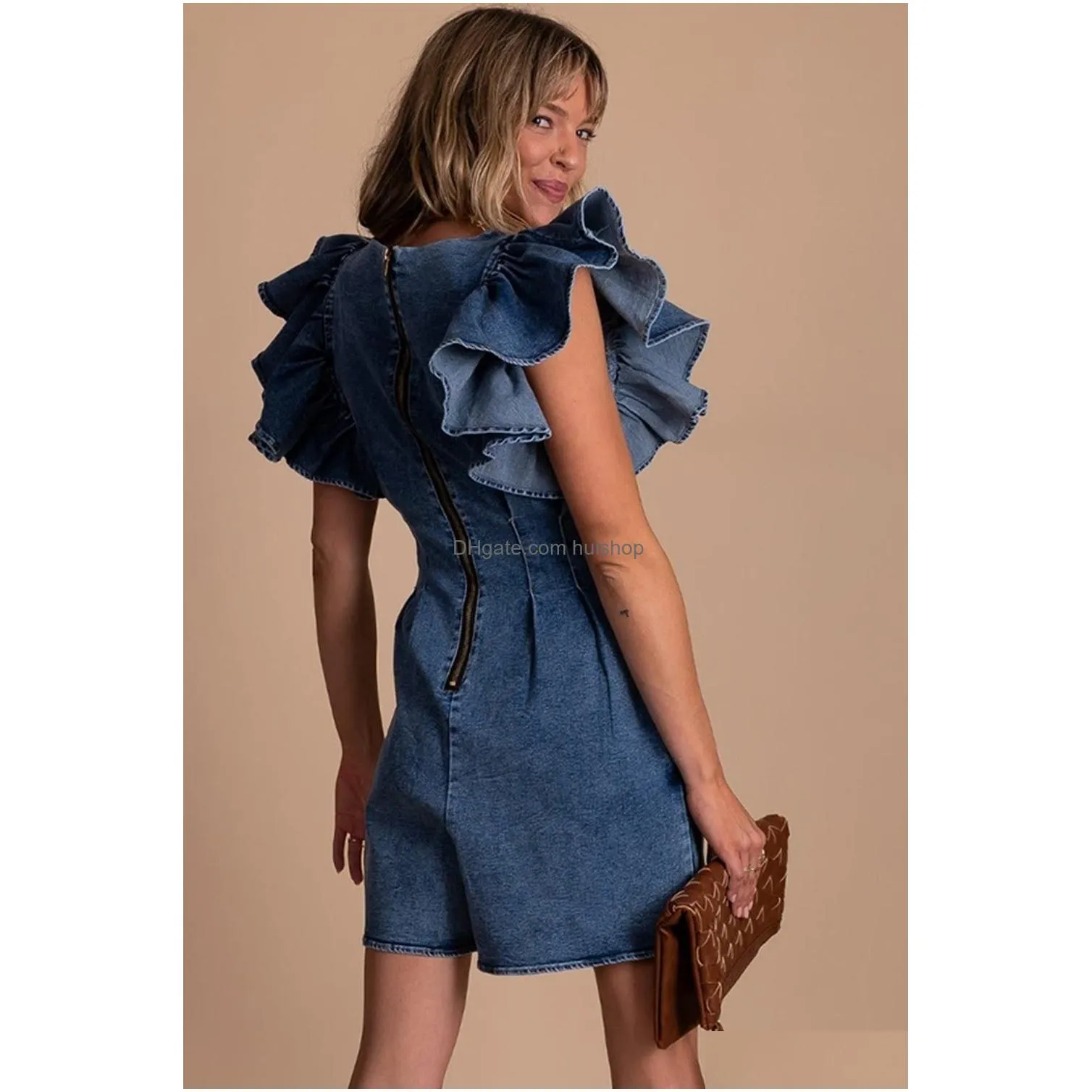 blue ruffle pleated denim romper woman with pockets