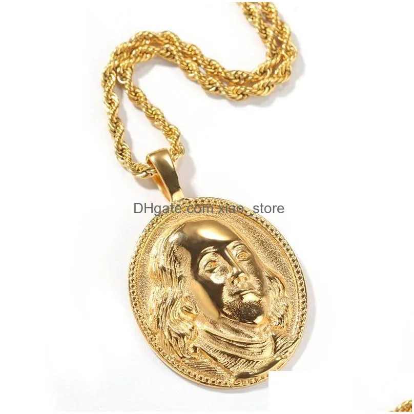  fashion gold plated stainless steel franklin portrait oval pendant mens necklace masculina bijoux hip hop rapper jewelry gifts for