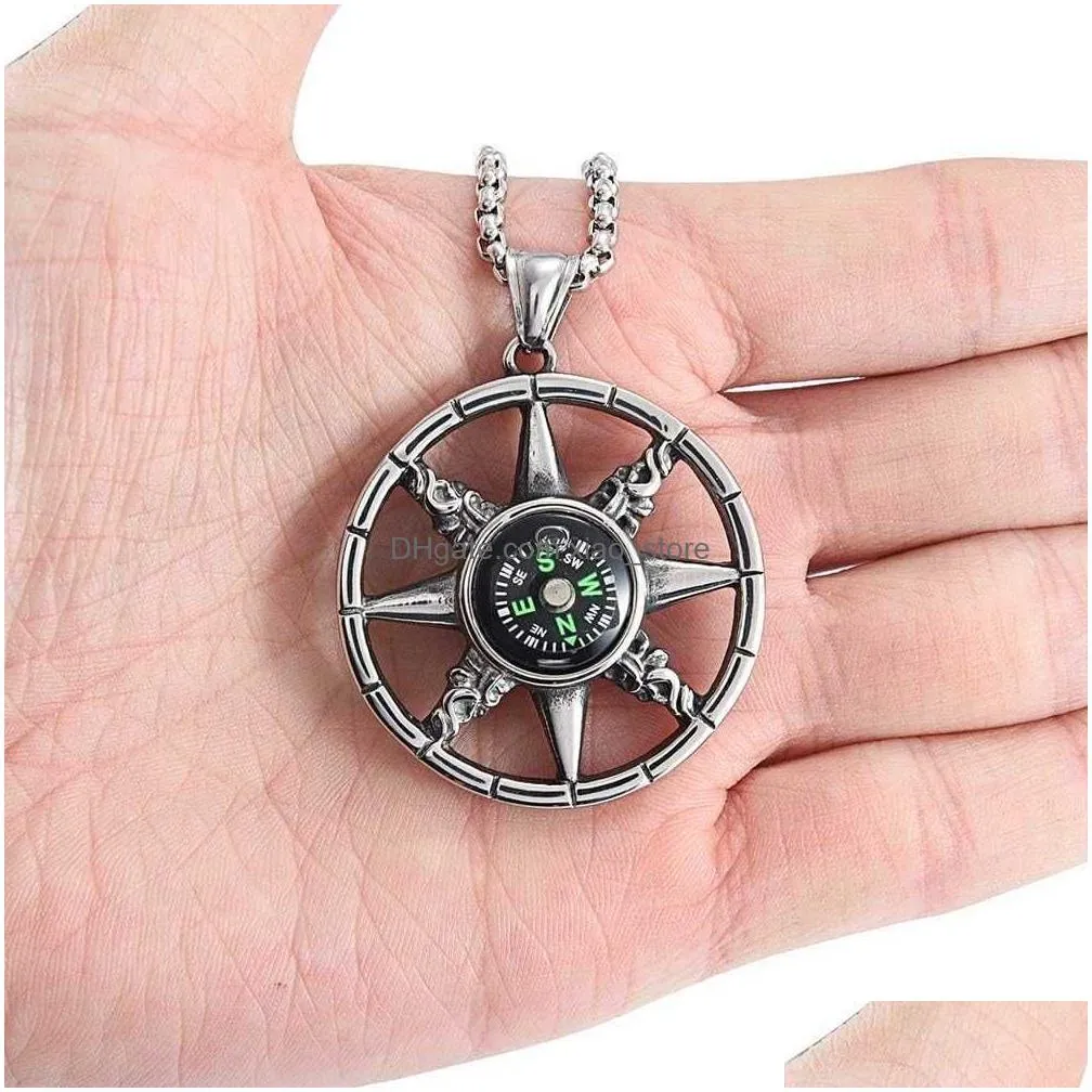 flash compass rainbow pendant necklace chain for men antique silver color stainless steel jewelry hip hop punk rock jewelry accessories