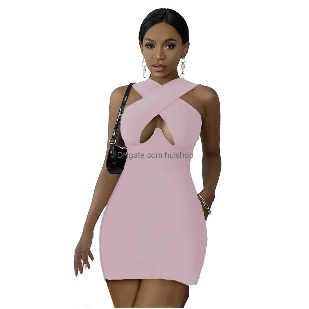 casual dresses wsevypo solid color cut out front wrap mini dress summer office lady cross halter neck sleeveless pencil dess women