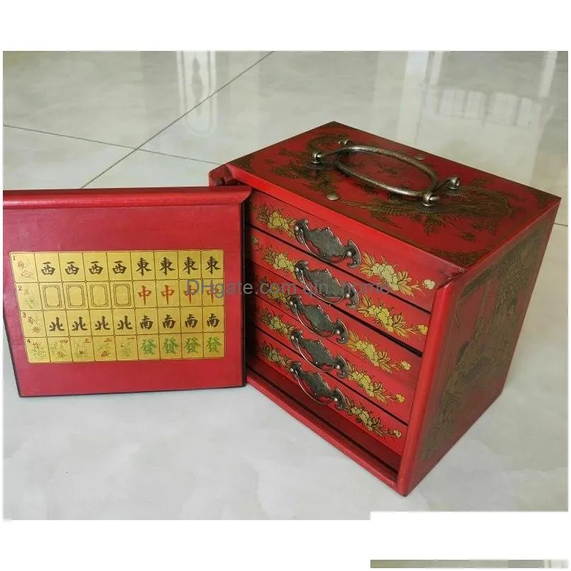 decorative objects figurines portable retro mahjong 144 tiles game mah-jong set in wood 5 drawer draw box 230804