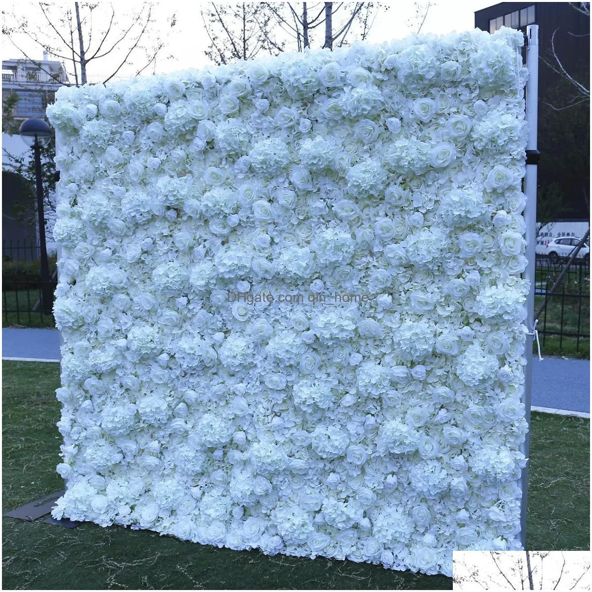 8x8ft white 3d rose flower wall made with fabric rolled up artificial flowers arrangement for wedding backdrop decoration