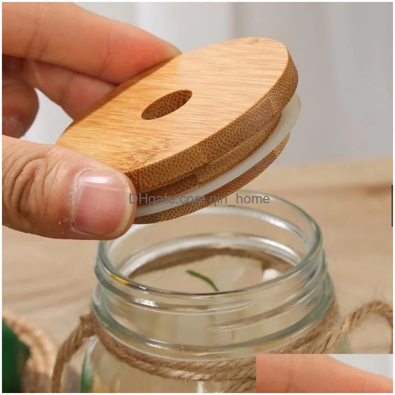 bamboo glass cup lids 70mm 88mm reusable wooden with straw hole and silicone seal dhs delivery