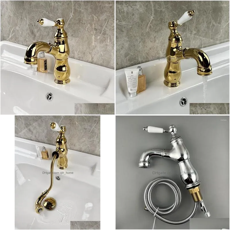 kitchen faucets french retro pull-out faucet all copper basin wash el bathroom cabinet ceramic handle cold and