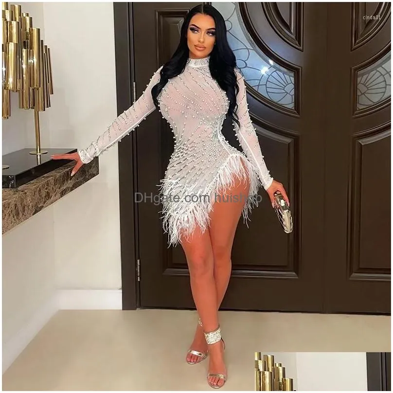 party dresses sexy dress solid color fringe feather diamonds o neck long sleeve sexy celebrity mini vestidos