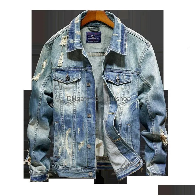 mens jackets spring and autumn denim jackets men  slim fit hole jacket mens ripped jean jacket hip hop streetwear coats plus size 5xl