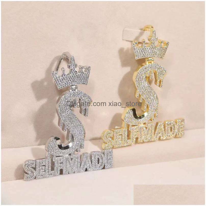 self made letter crown s shape pendant charm necklace iced out for men bling cubic zirconia cz charm gold plated hip hop fashion
