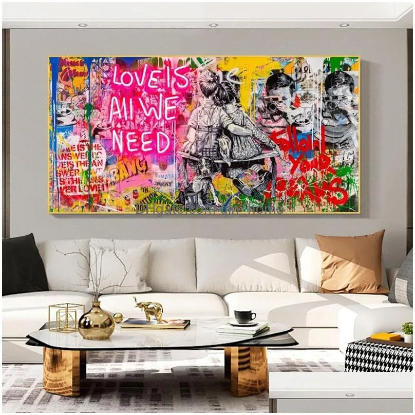 banksy art love is all we need oil paintings on canvas graffiti wall street art posters and prints decorative picture home