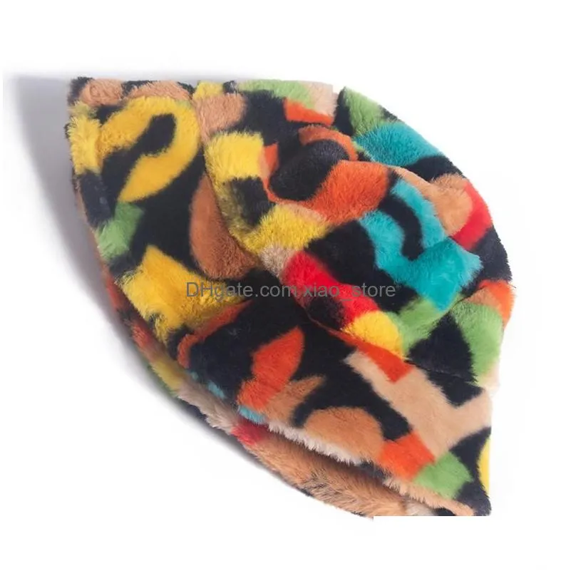 foxmother outdoor multicolor rainbow faux fur letter pattern bucket hats women winter soft warm gorros mujer