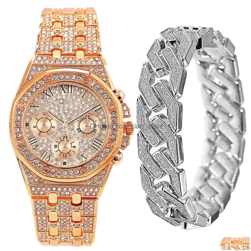 chain gold watch bracelet for men cuban male bling iced out luxury top brand women boys clock set groomsmen gift 231016