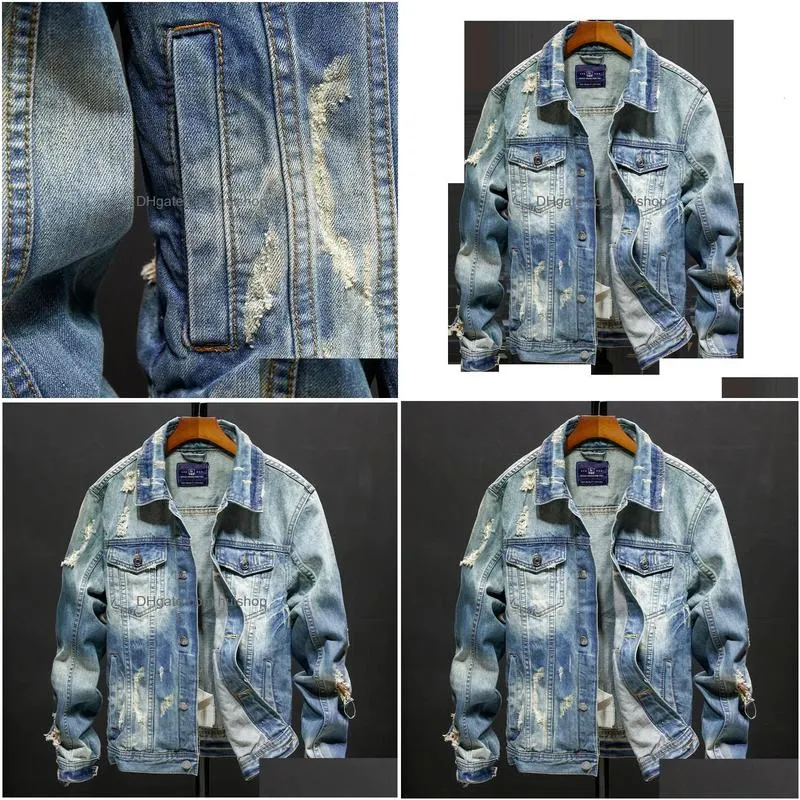 mens jackets spring and autumn denim jackets men  slim fit hole jacket mens ripped jean jacket hip hop streetwear coats plus size 5xl