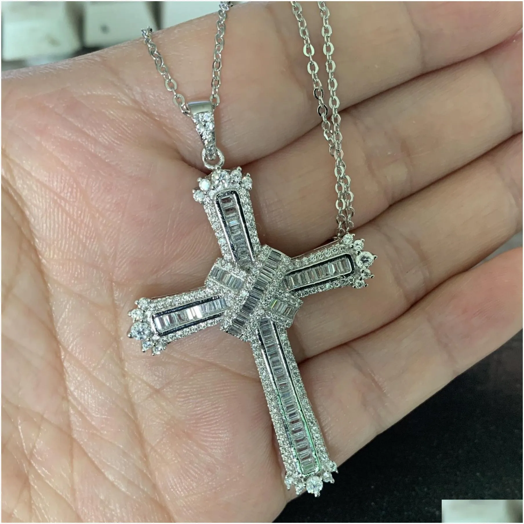  style cross necklace drop real 925 sterling silver full princess cut white topaz cz diamond women necklace gift